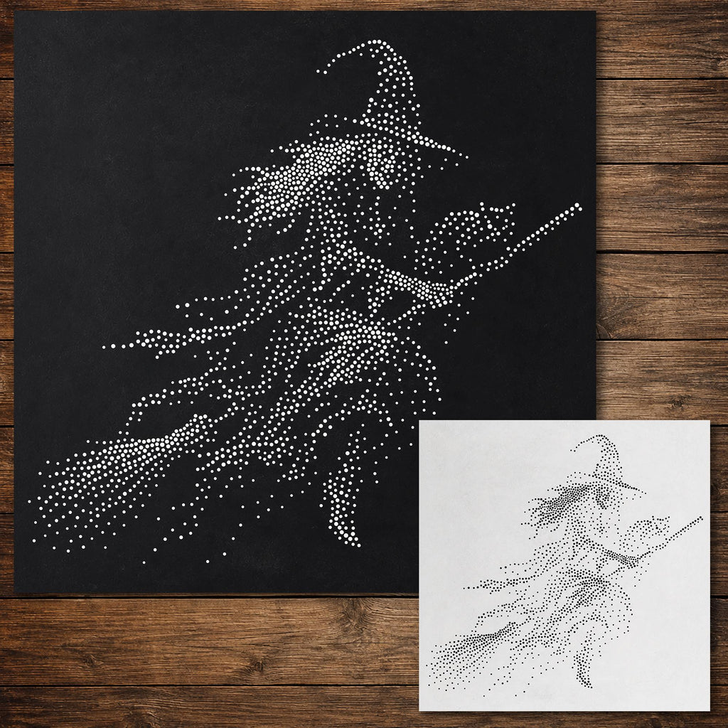 Flying Witch with Black Cat Stipple Art Halloween reusable Mylar stencil