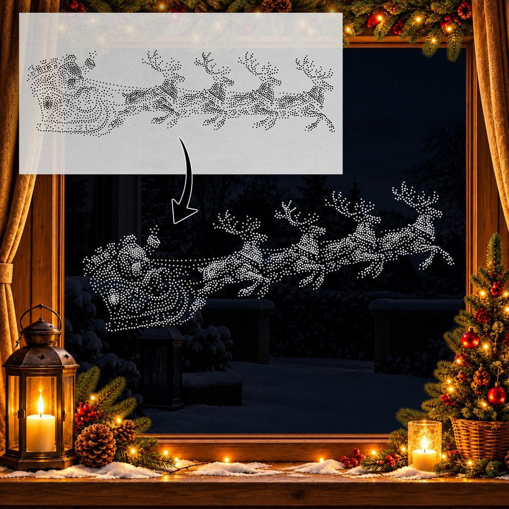 Santa on Sleigh Window Snow Spray reusable Mylar stencil