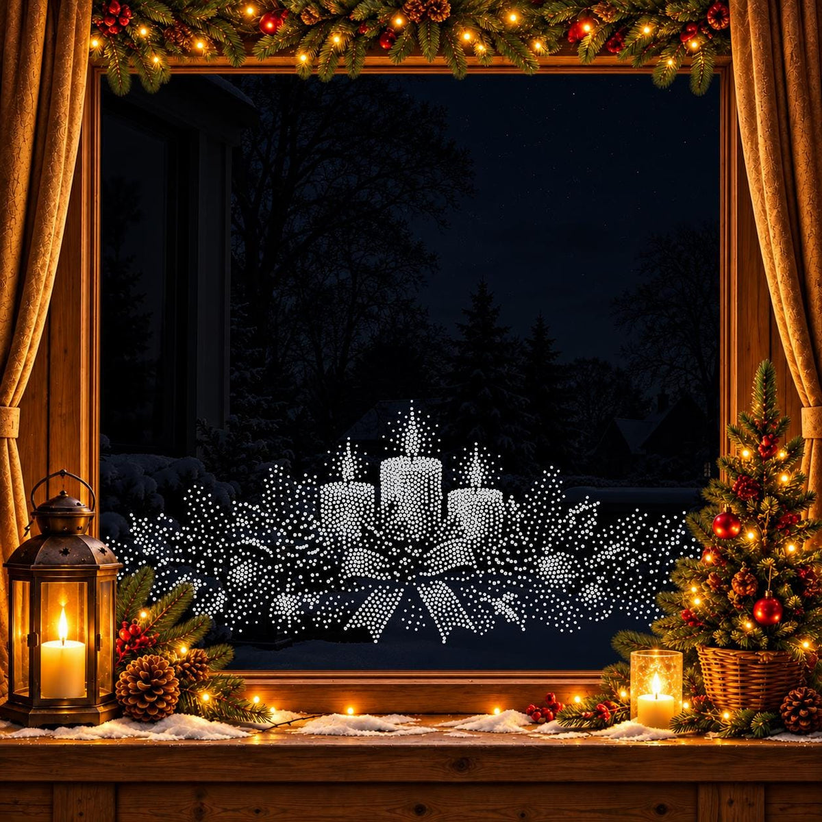 Christmas Candles with Holly Window Snow Spray reusable Mylar stencil